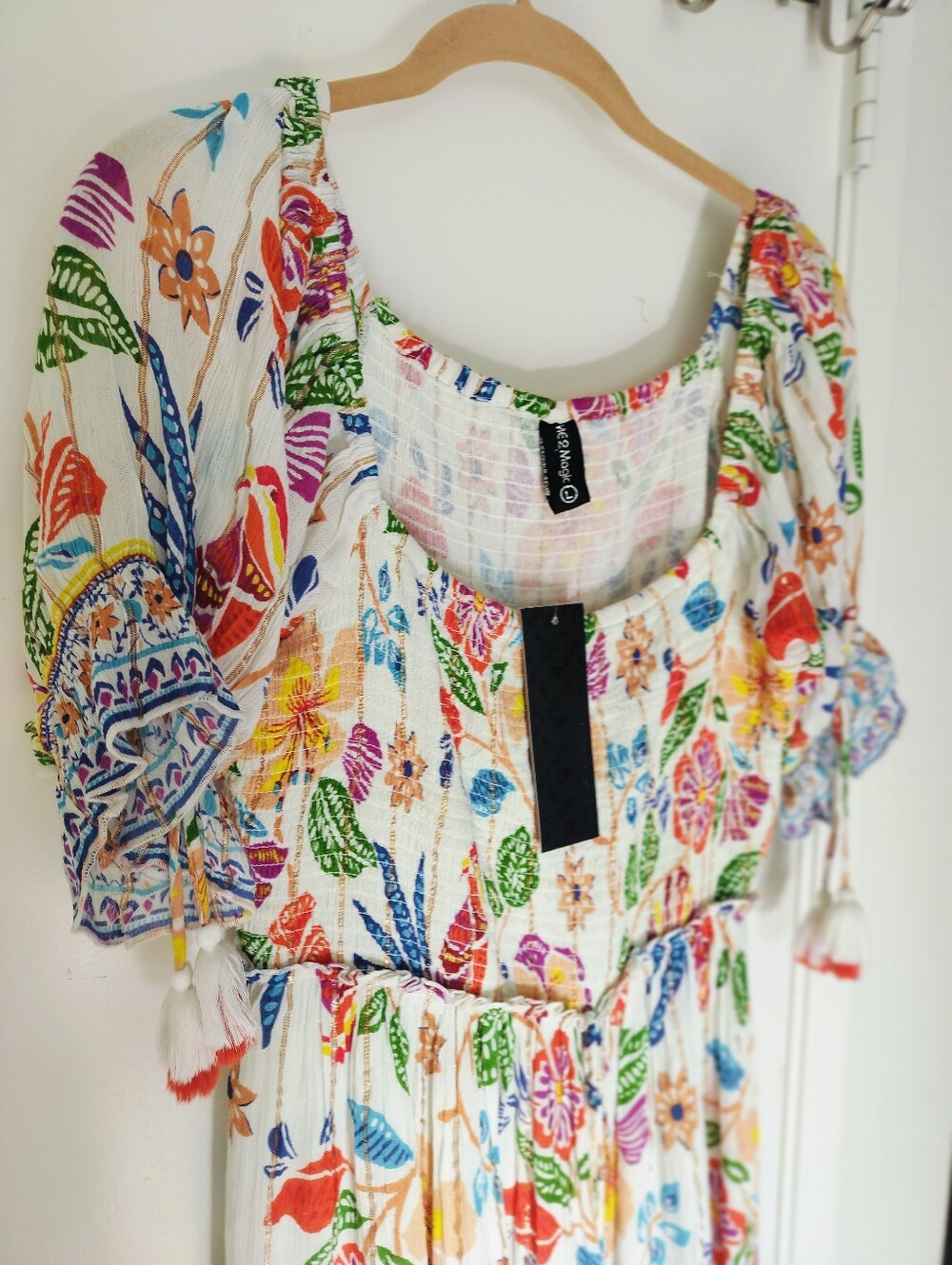 NWT Me 2 Magic Boho Floral Bird Print Smocked Maxi Dress Large 100% Viscose